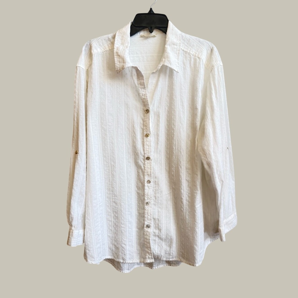 Lane and Delancey White Dobby Swiss Dot Roll Tab Button Down Shirt 2X